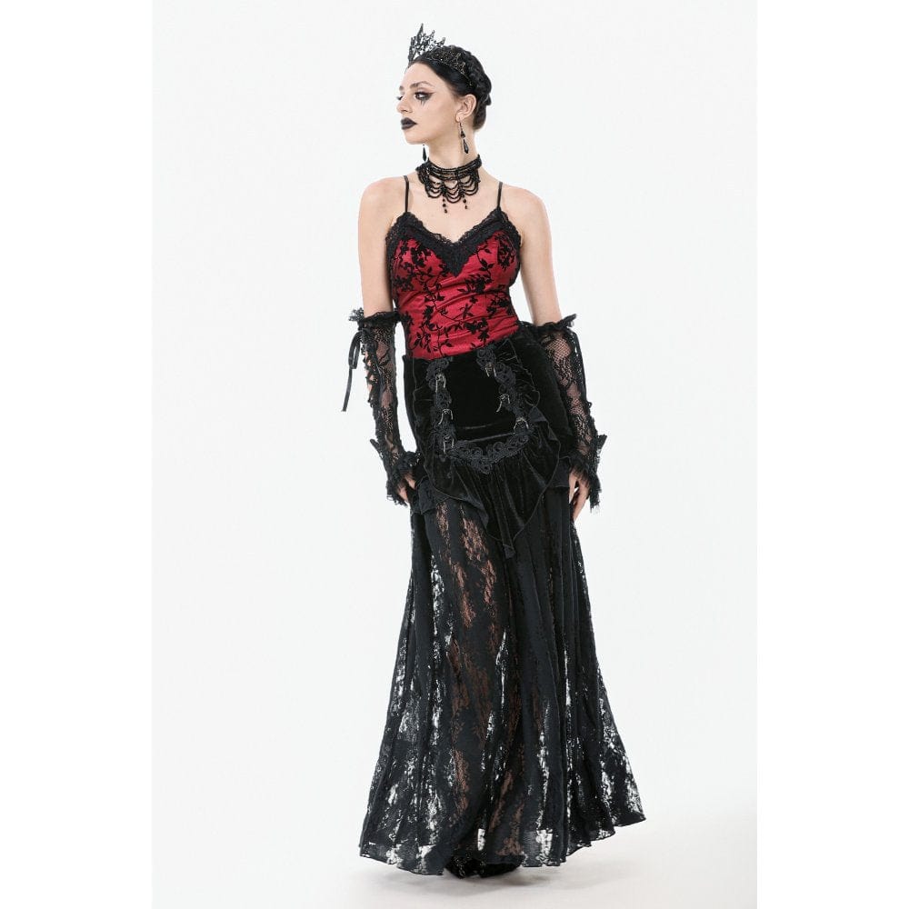Darkinlove Women's Gothic Ruffles Velvet Sheer Lace Maxi Skirt