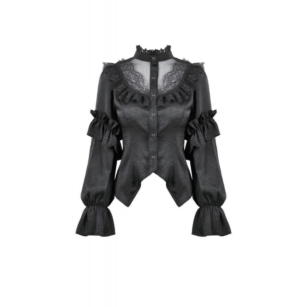 Darkinlove Women's Gothic See Through Ruffled Stand Collar Lantern Sleeved Shirt