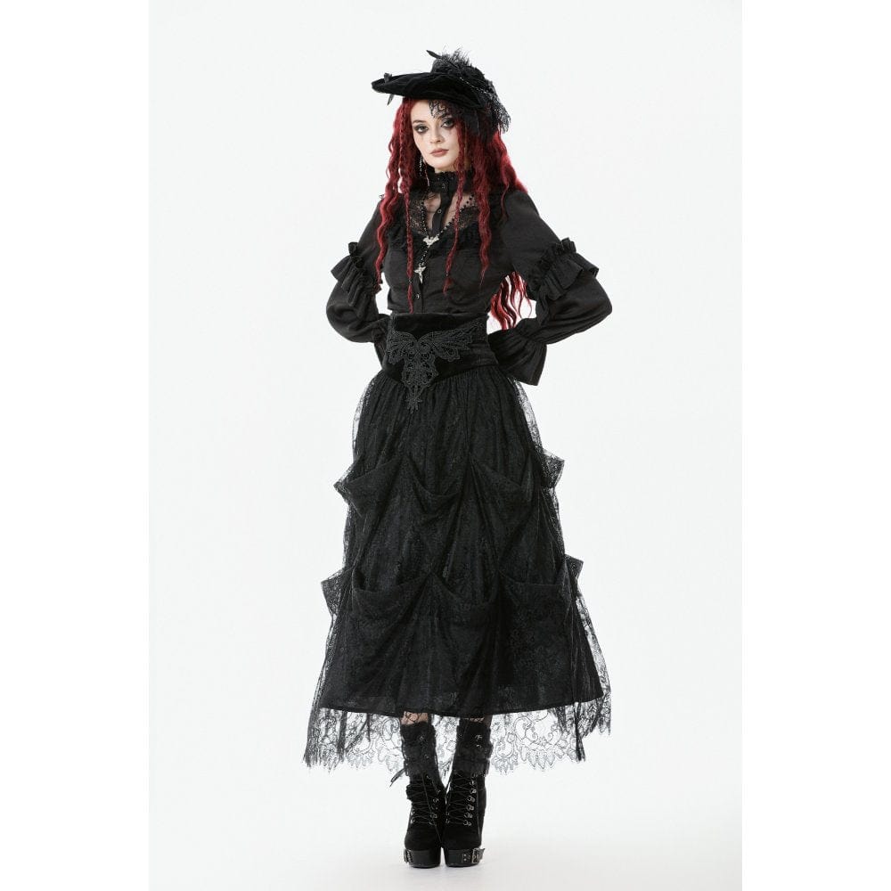 Darkinlove Women's Gothic See Through Ruffled Stand Collar Lantern Sleeved Shirt