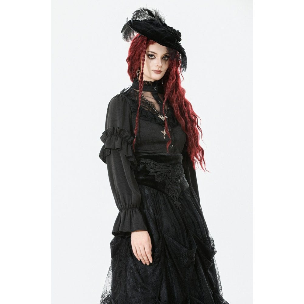 Darkinlove Women's Gothic See Through Ruffled Stand Collar Lantern Sleeved Shirt