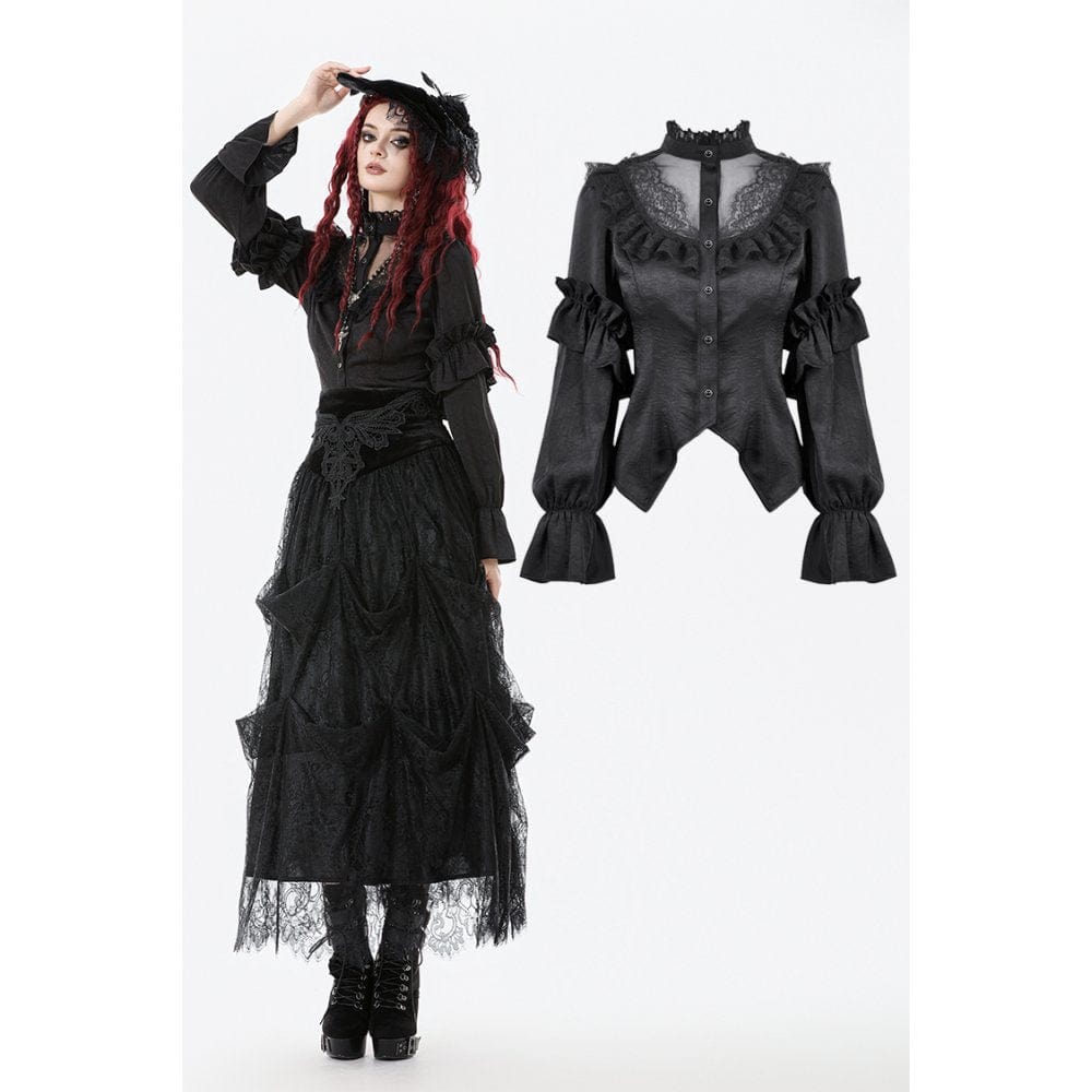 Darkinlove Women's Gothic See Through Ruffled Stand Collar Lantern Sleeved Shirt