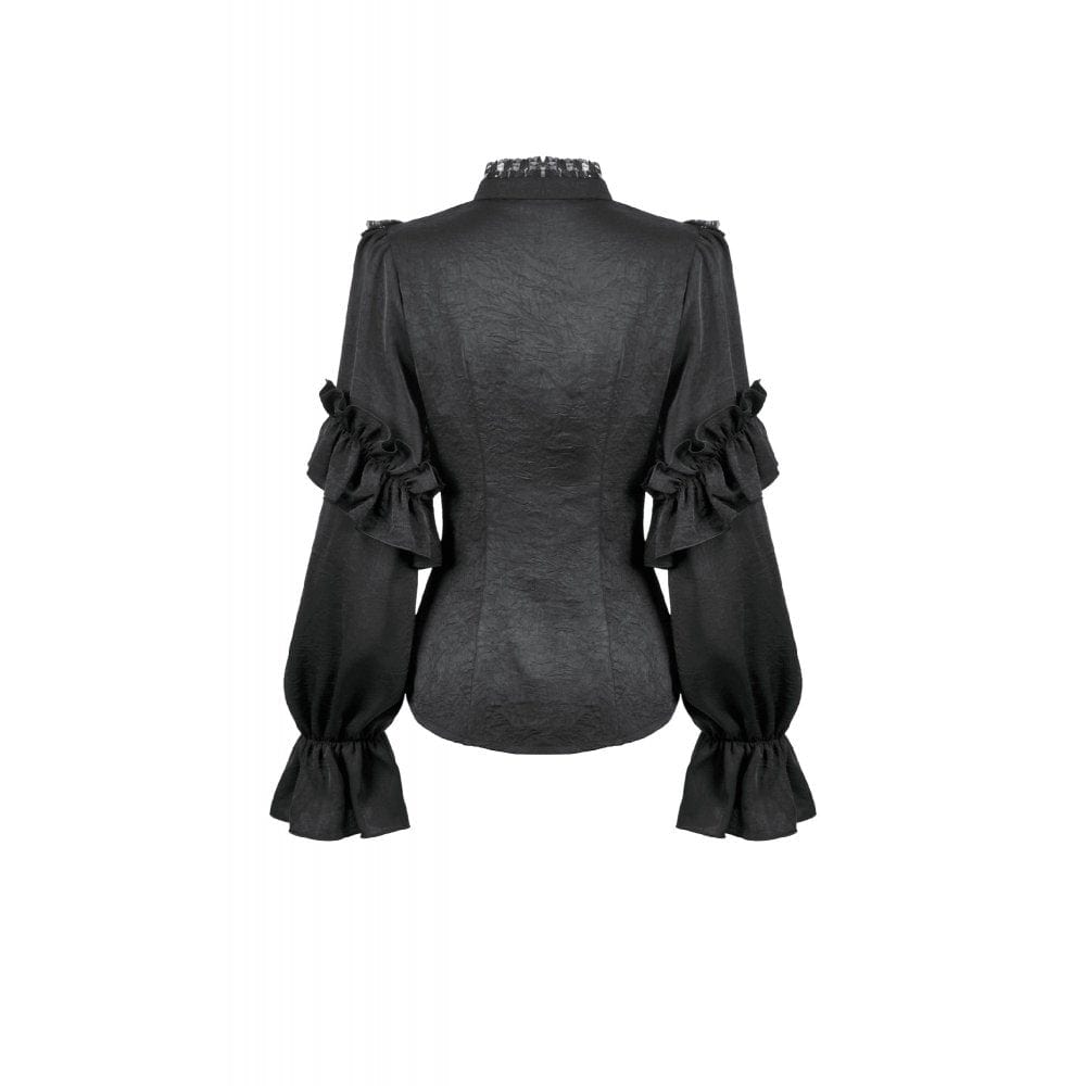 Darkinlove Women's Gothic See Through Ruffled Stand Collar Lantern Sleeved Shirt