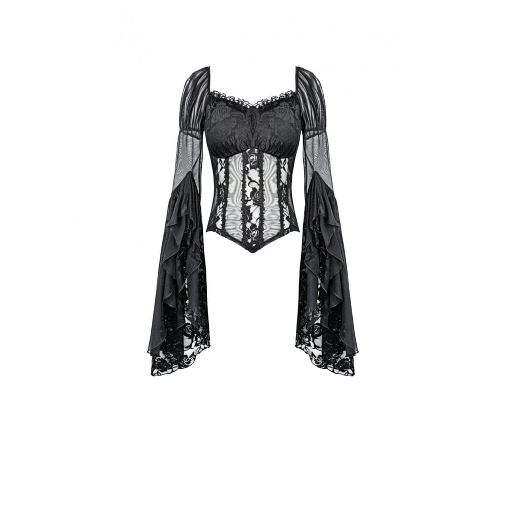 Darkinlove Women's Gothic Sheer Rose Lace Splice Ruffle Flare Sleeve Top