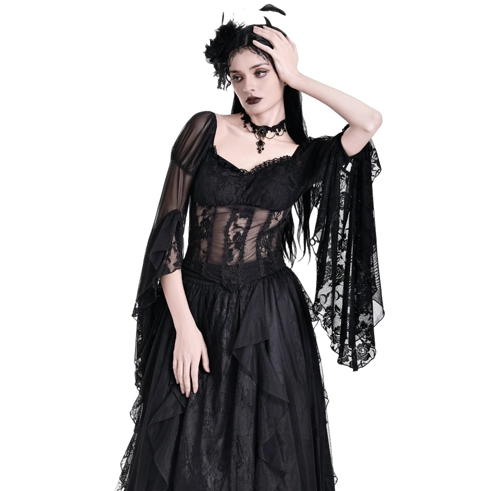 Darkinlove Women's Gothic Sheer Rose Lace Splice Ruffle Flare Sleeve Top