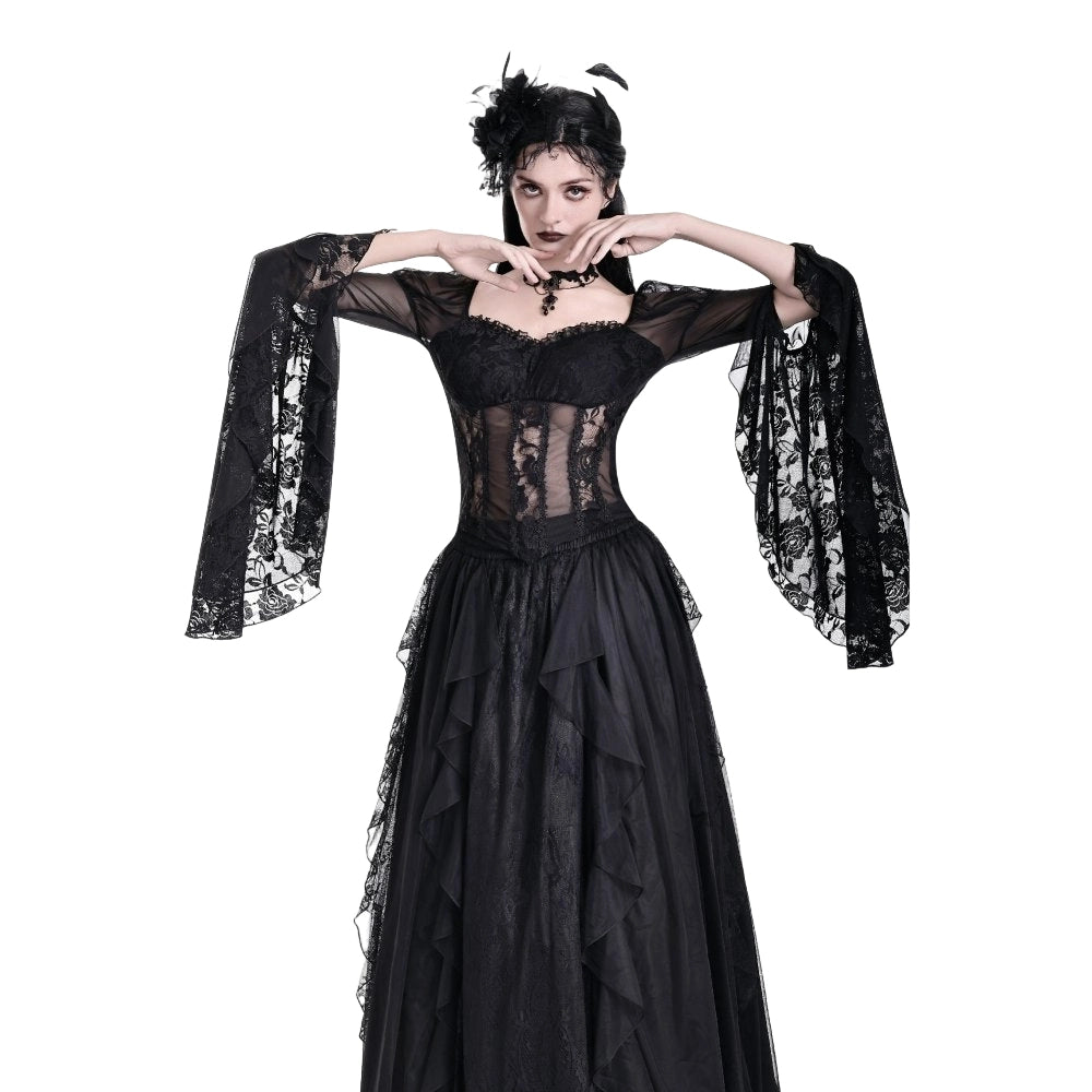 Darkinlove Women's Gothic Sheer Rose Lace Splice Ruffle Flare Sleeve Top