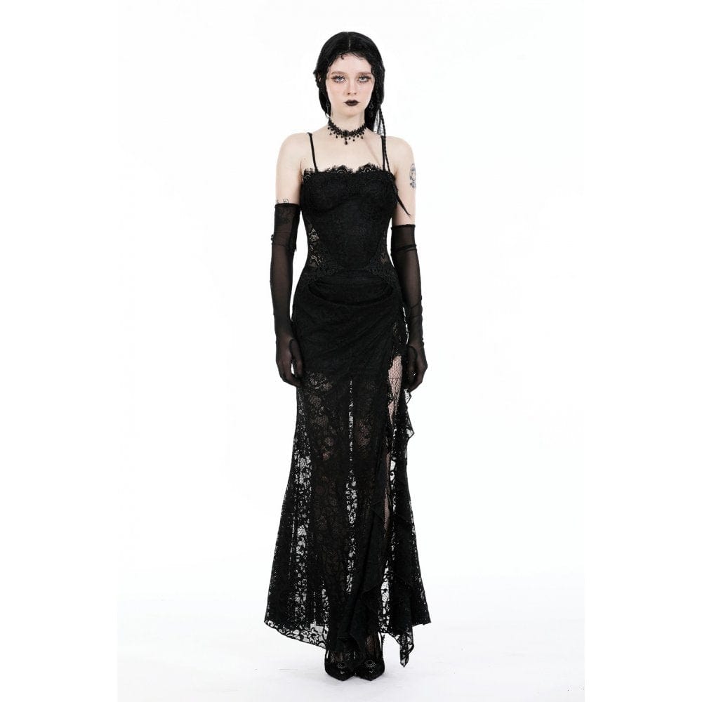 Darkinlove Women's Gothic Side Slit Ruffled Lace Slip Dress