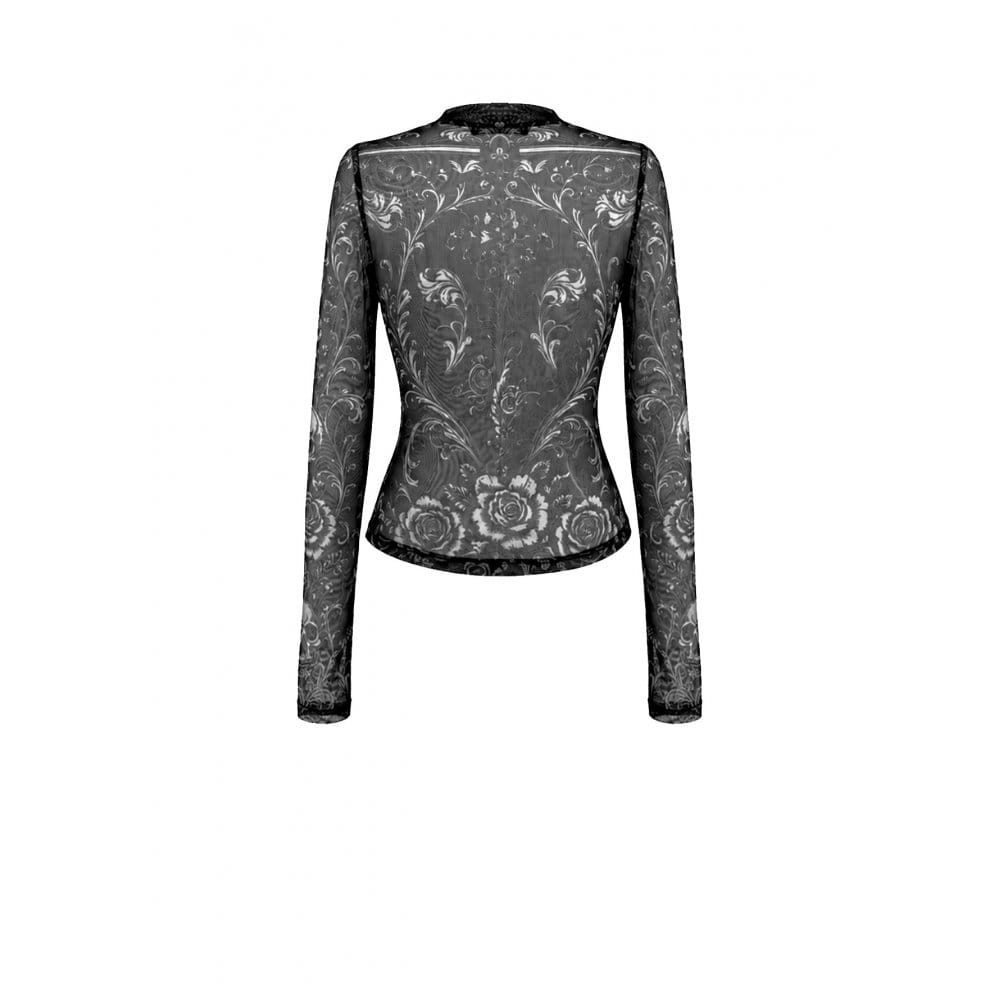 Darkinlove Women's Gothic Skull Floral Printed Mesh Sheer Long Sleeve Top