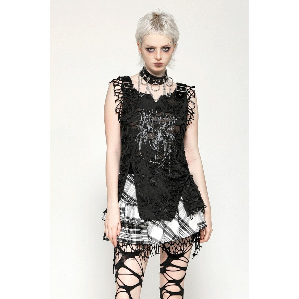Darkinlove Women's Gothic Skull Printed Distressed Tank Top
