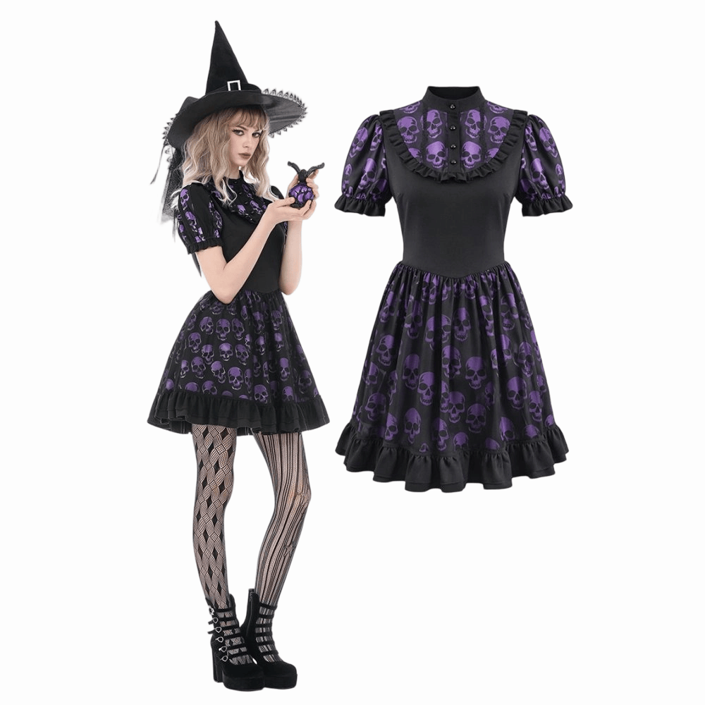 Darkinlove Women's Gothic Skull Printed Puff Short Sleeve Dress