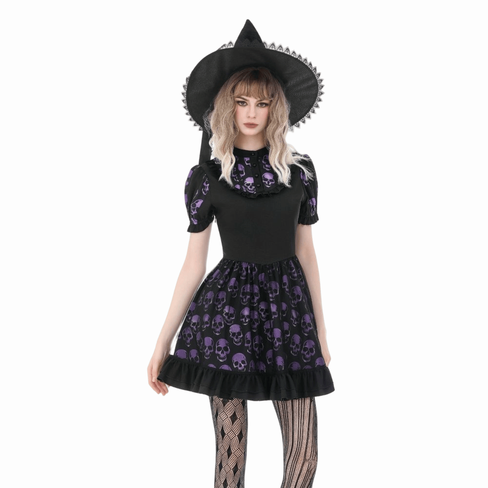Darkinlove Women's Gothic Skull Printed Puff Short Sleeve Dress