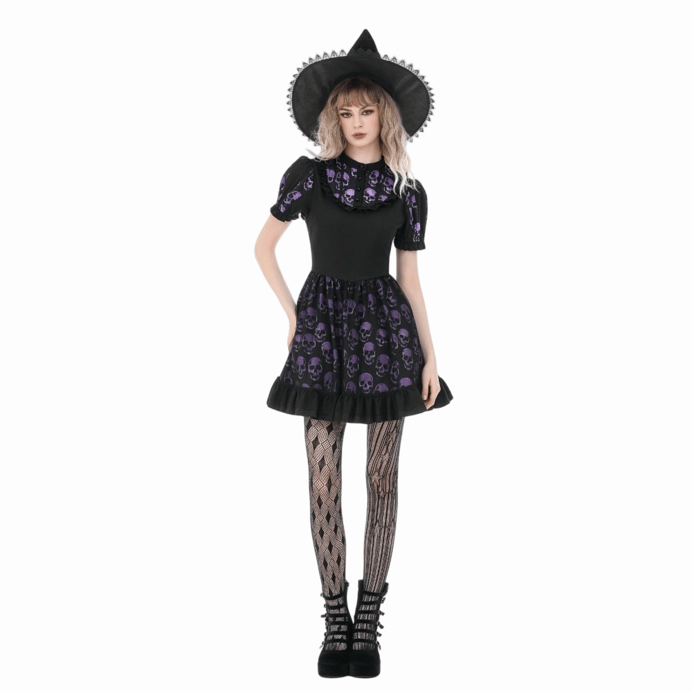 Darkinlove Women's Gothic Skull Printed Puff Short Sleeve Dress