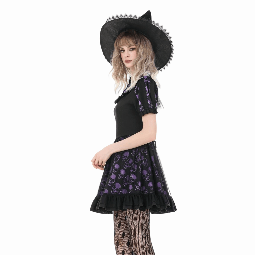 Darkinlove Women's Gothic Skull Printed Puff Short Sleeve Dress