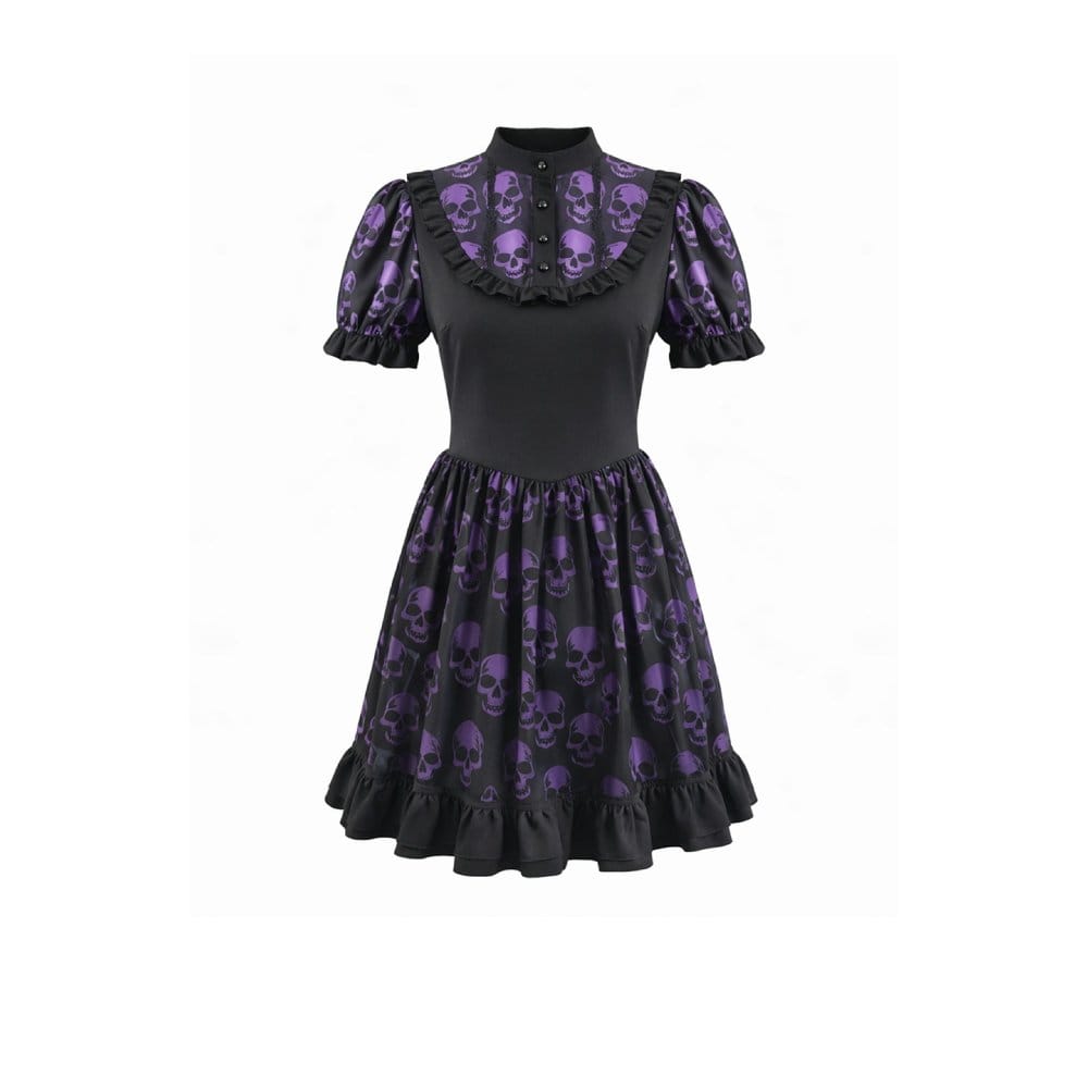 Darkinlove Women's Gothic Skull Printed Puff Short Sleeve Dress
