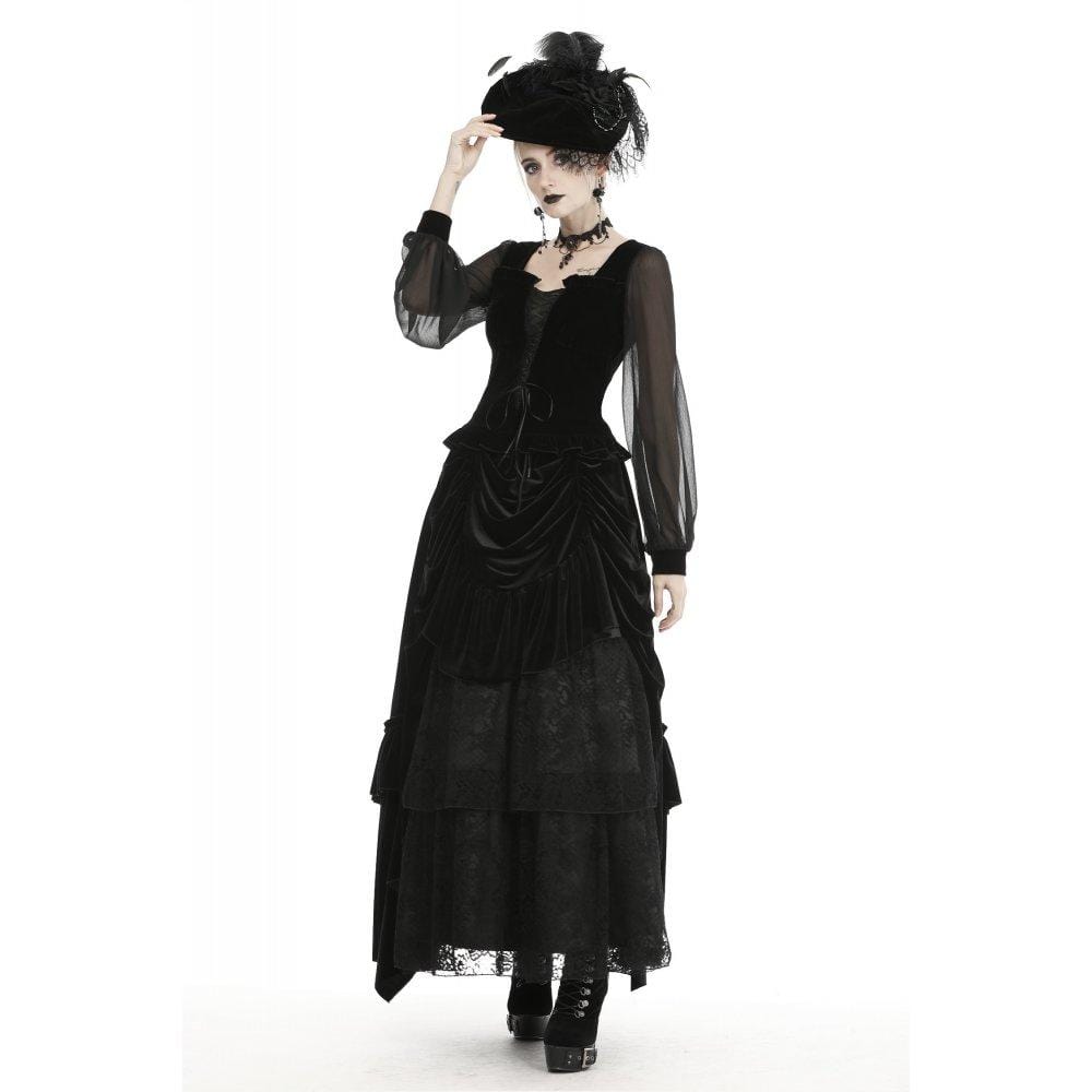 Darkinlove Women's Gothic Square Collar Mesh Sleeve Velet Tops