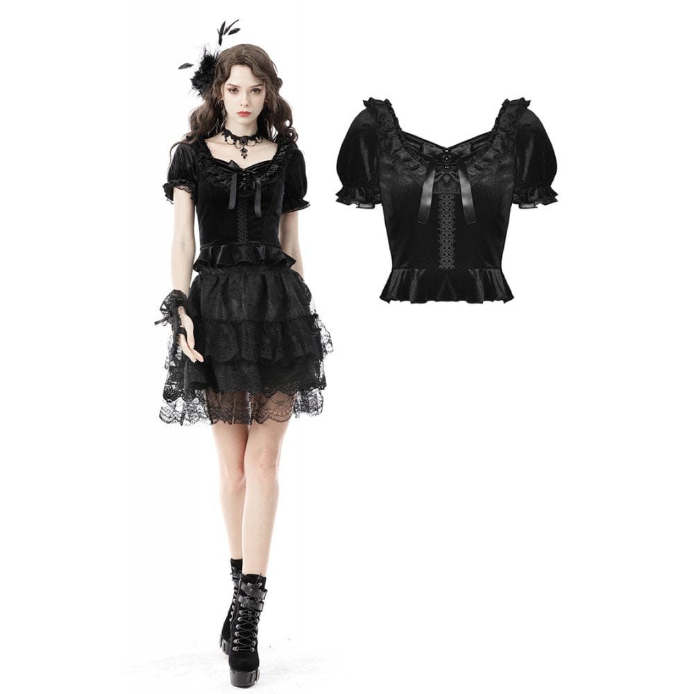 Darkinlove Women's Gothic Square Collar Short Puff Sleeved Velet Top