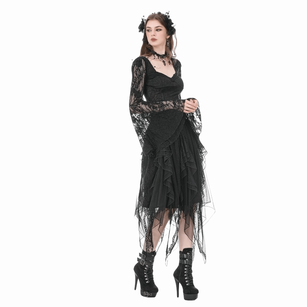 Darkinlove Women's Gothic Square-cut Collar Floral Lace Bell Sleeve Top