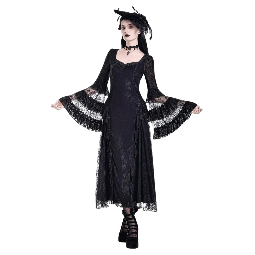 Darkinlove Women's Gothic Square Neck Jacquard Tiered Bell Sleeve Lace Mesh Maxi Dress