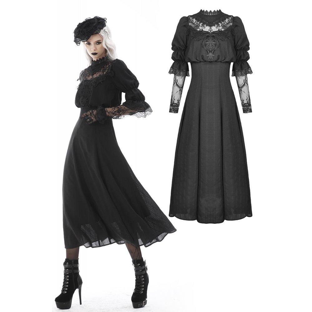 Darkinlove Women's Gothic Stand Collar Lace Splice Maxi Wedding Dress