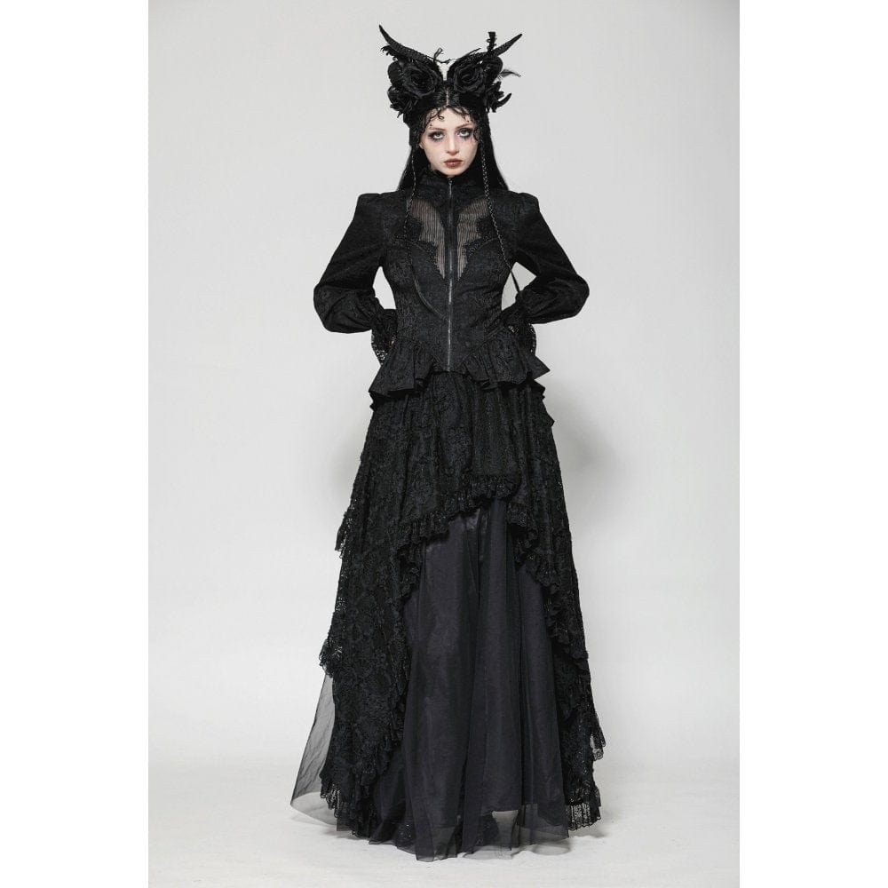 Darkinlove Women's Gothic Stand Collar Lace-up High/Low Coat