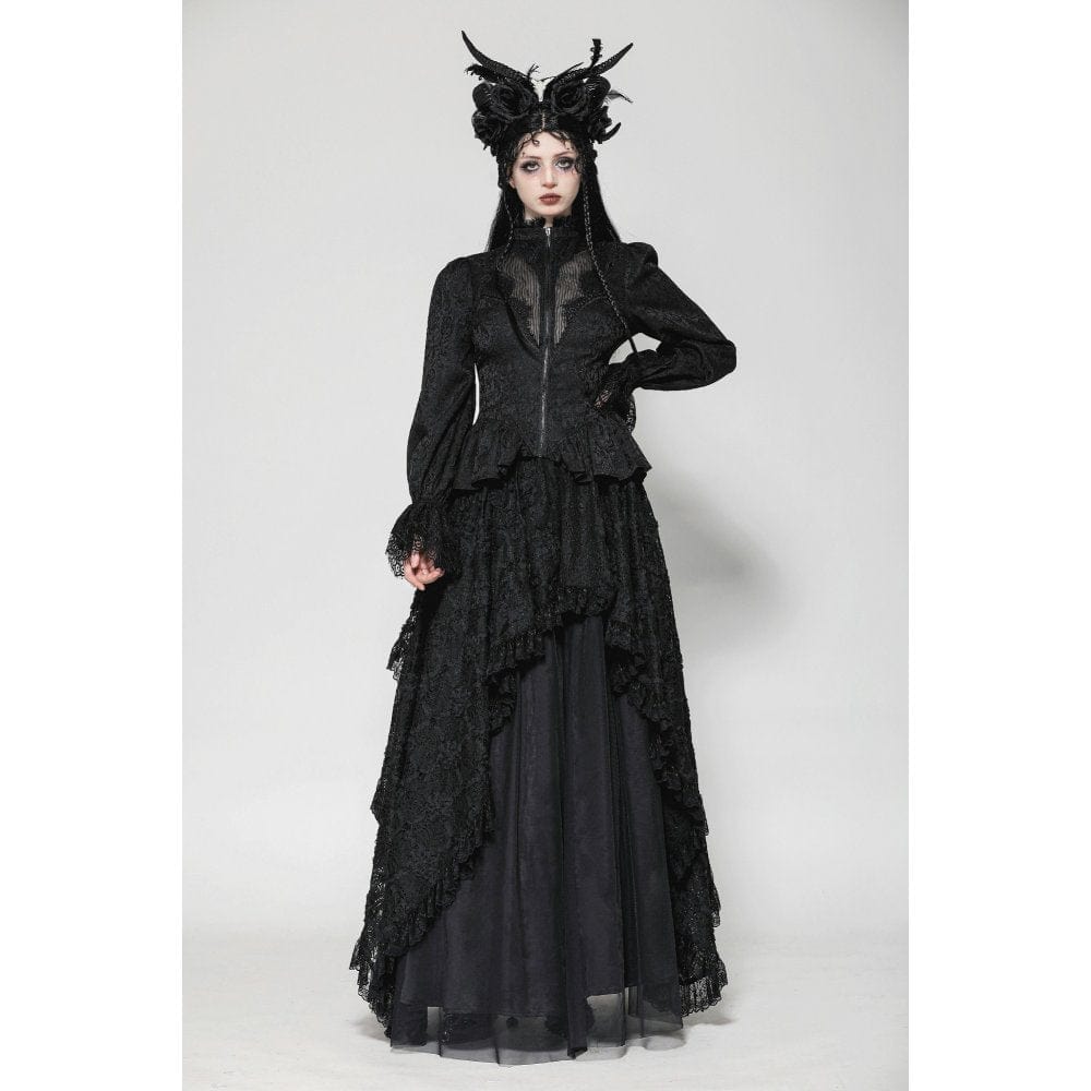 Darkinlove Women's Gothic Stand Collar Lace-up High/Low Coat