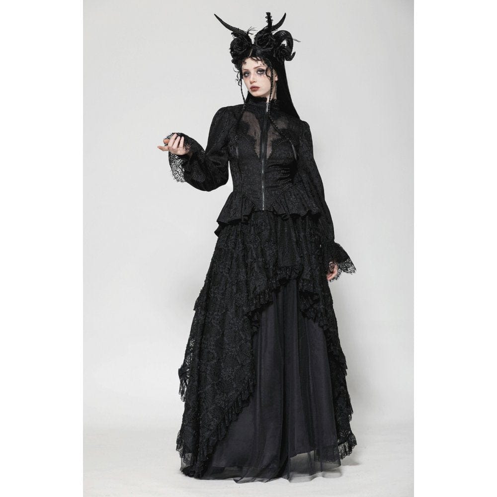 Darkinlove Women's Gothic Stand Collar Lace-up High/Low Coat