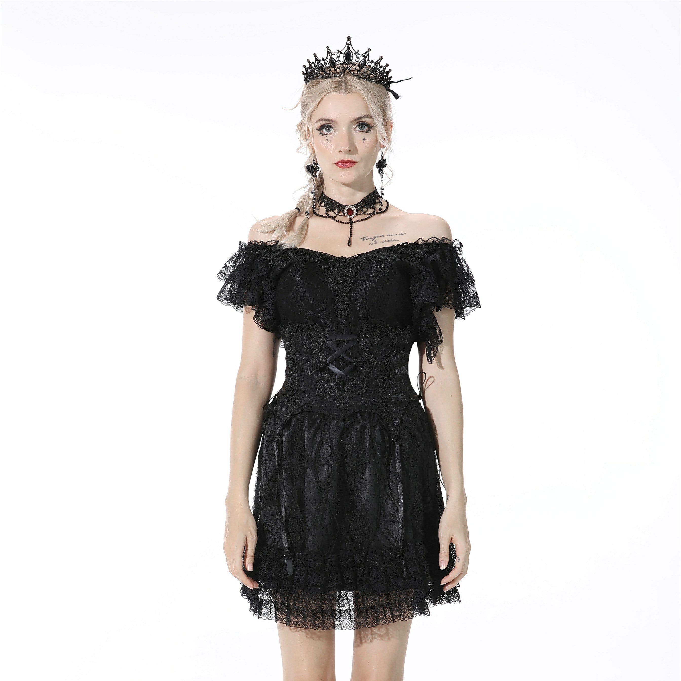 Darkinlove Women's Gothic Strappy Floral Embroidered Black Corset