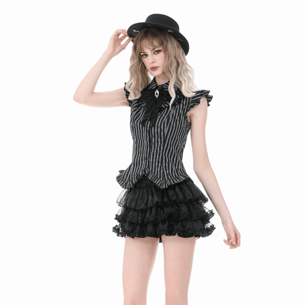 Darkinlove Women's Gothic Striped Turn-down Collar Shirt with Detachable Tie