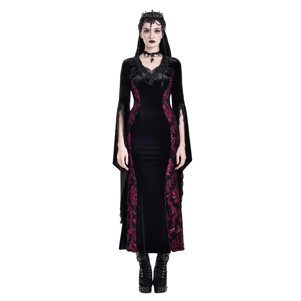 Darkinlove Women's Gothic Velvet Applique V-neck Flare Sleeve Maxi Dress