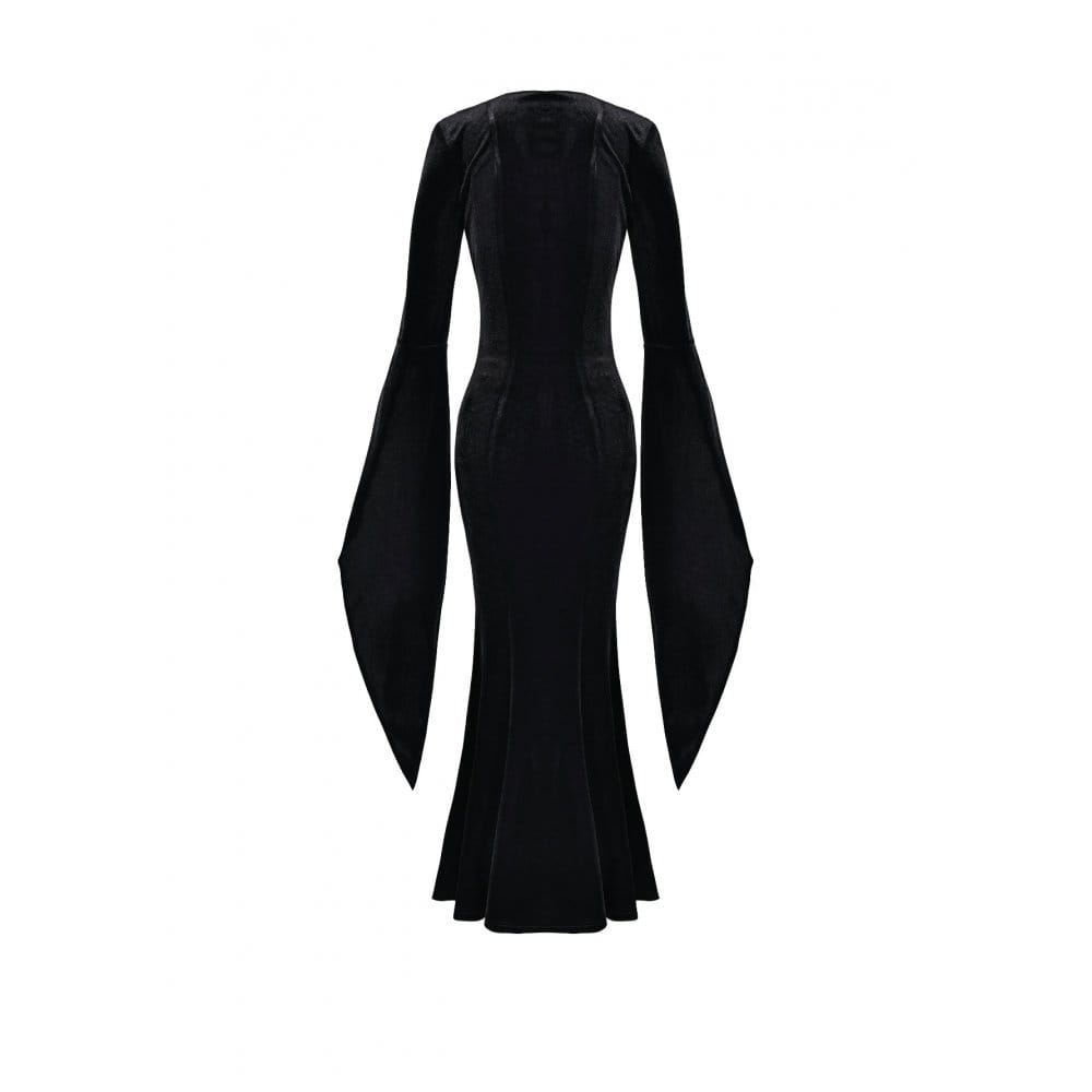 Darkinlove Women's Gothic Velvet Applique V-neck Flare Sleeve Maxi Dress