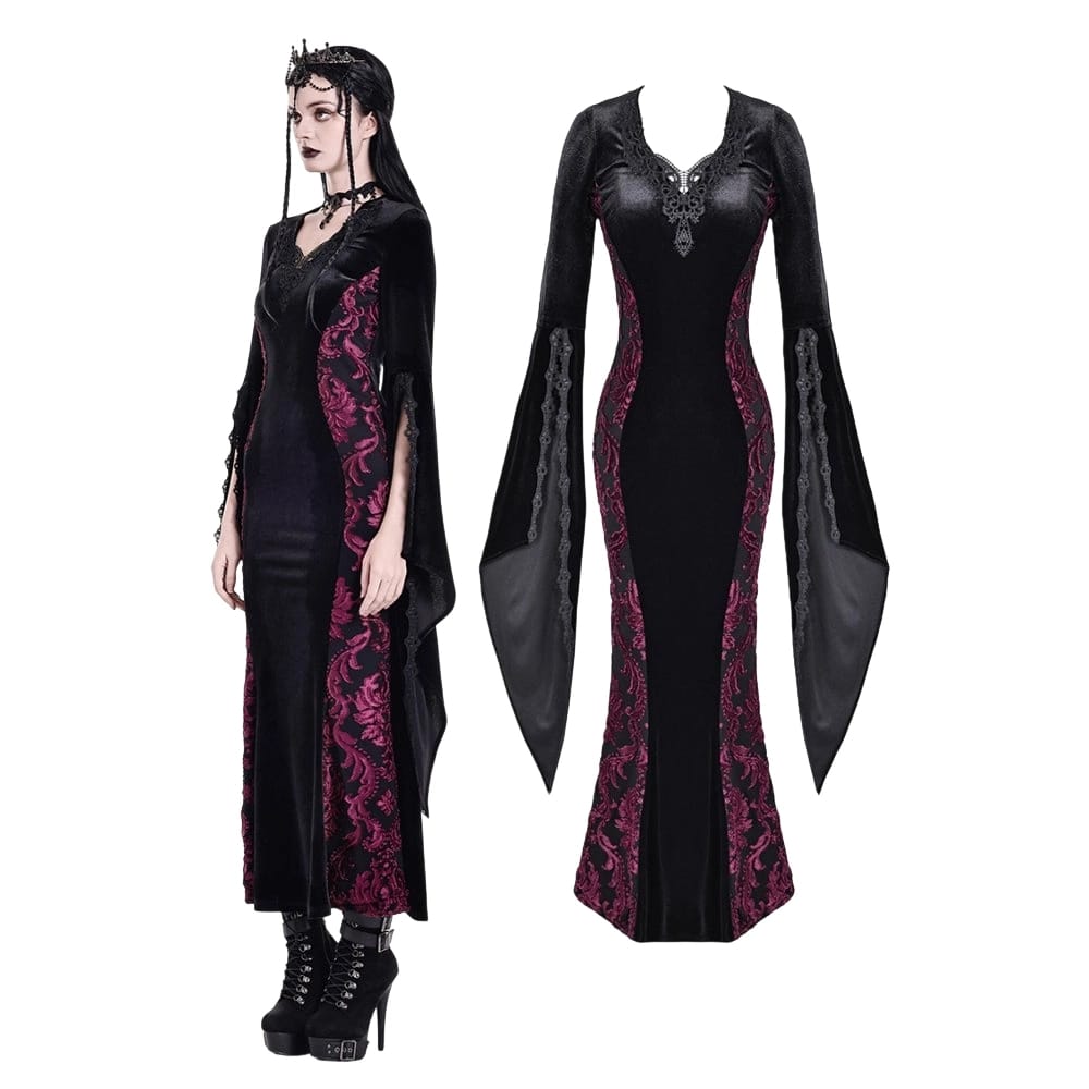 Darkinlove Women's Gothic Velvet Applique V-neck Flare Sleeve Maxi Dress