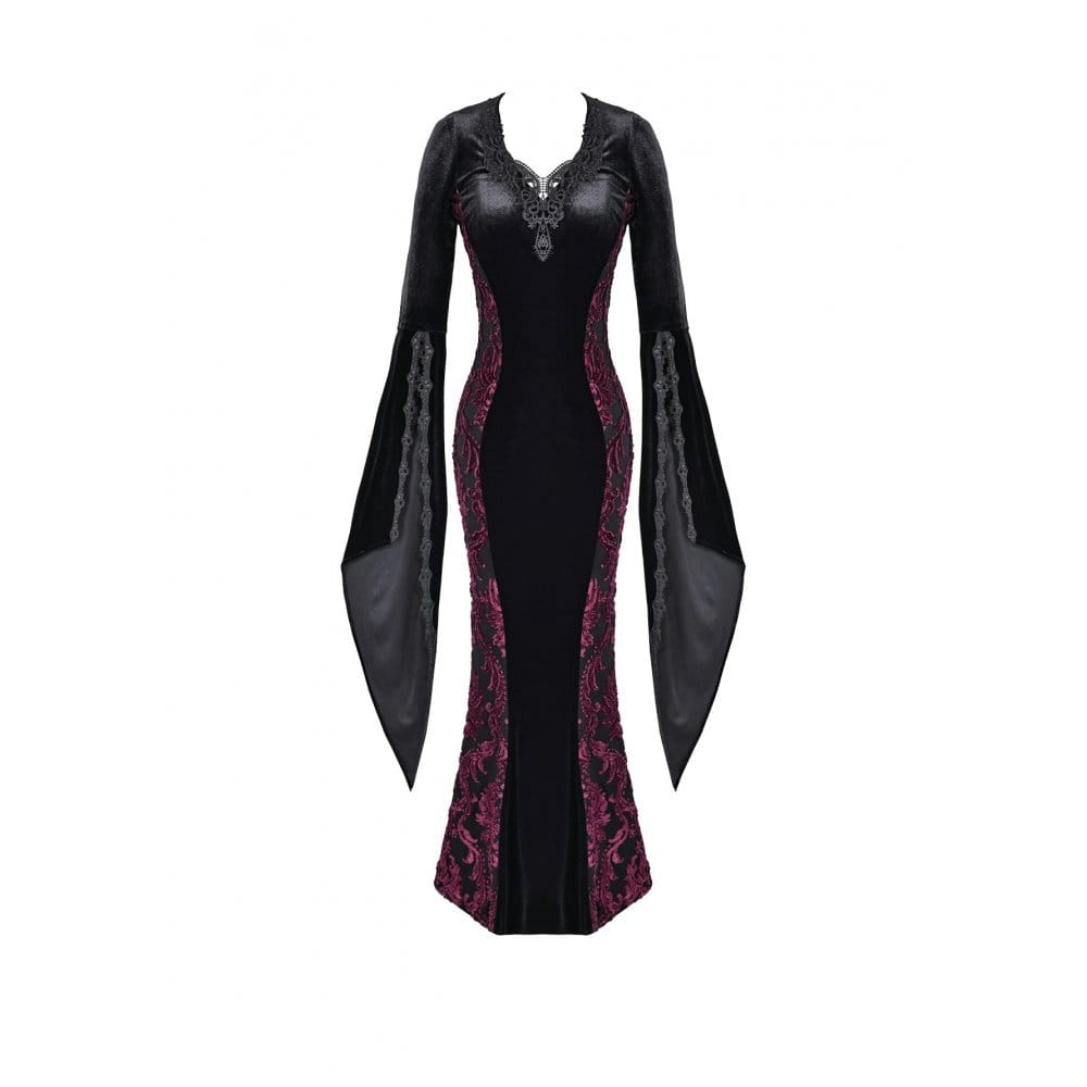 Darkinlove Women's Gothic Velvet Applique V-neck Flare Sleeve Maxi Dress