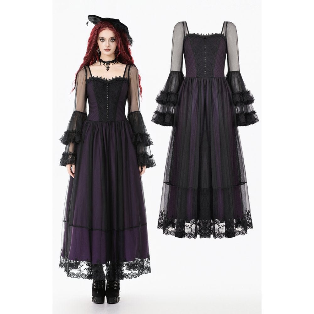 Darkinlove Women's Gothic Violet Square-cut Collar Flared Sleeved Maxi Dress