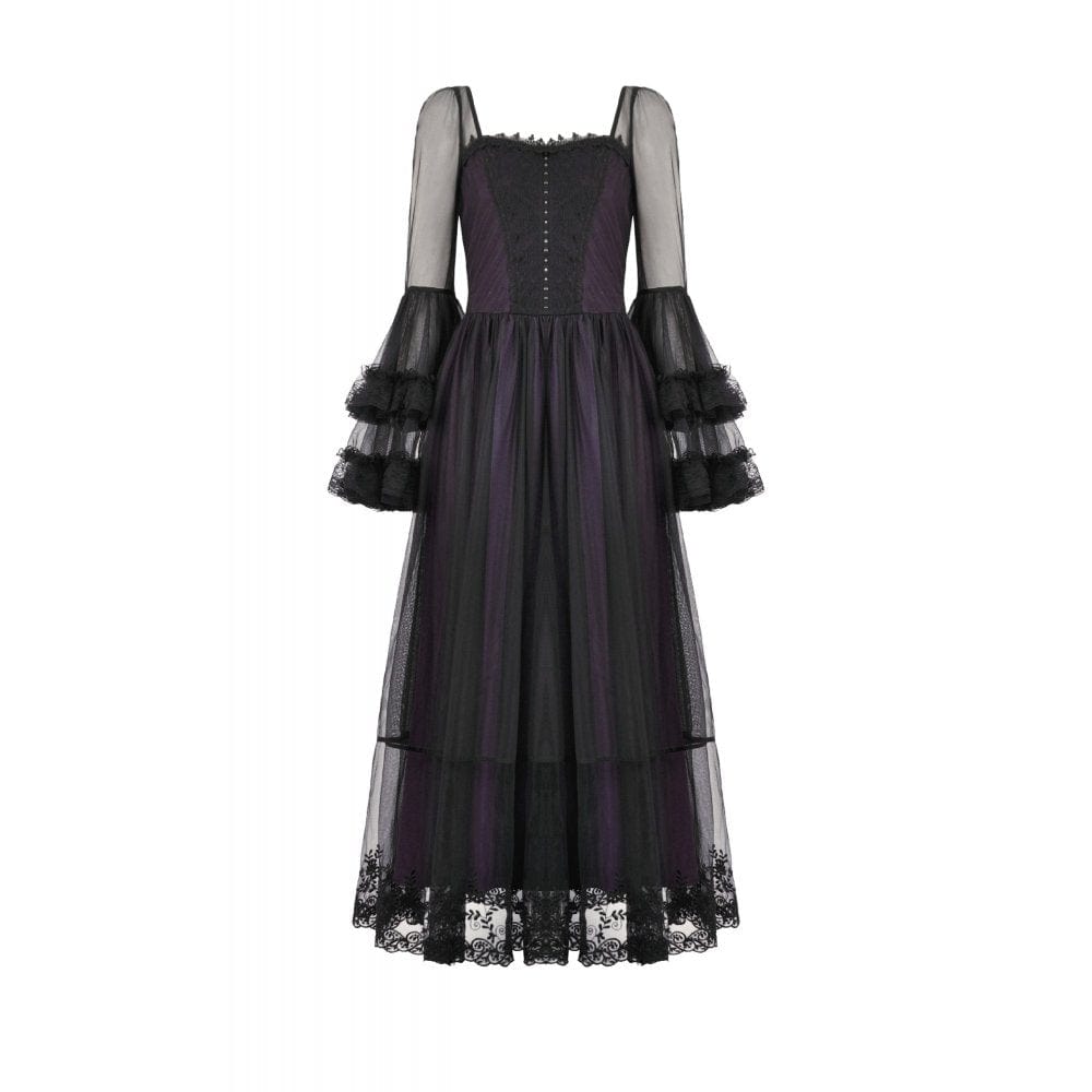 Darkinlove Women's Gothic Violet Square-cut Collar Flared Sleeved Maxi Dress