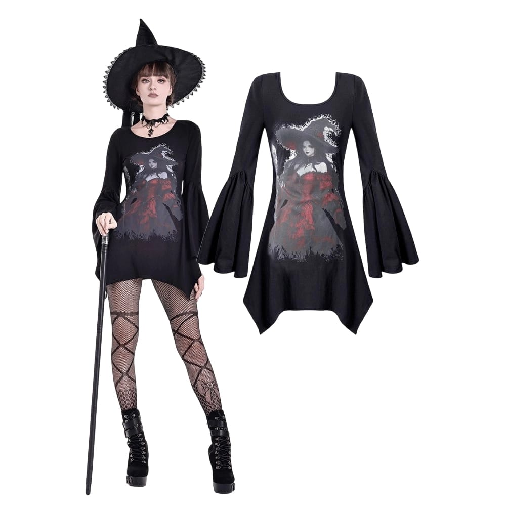 Darkinlove Women's Gothic Witch Print Irregular Hem Flare Sleeve Short Dress