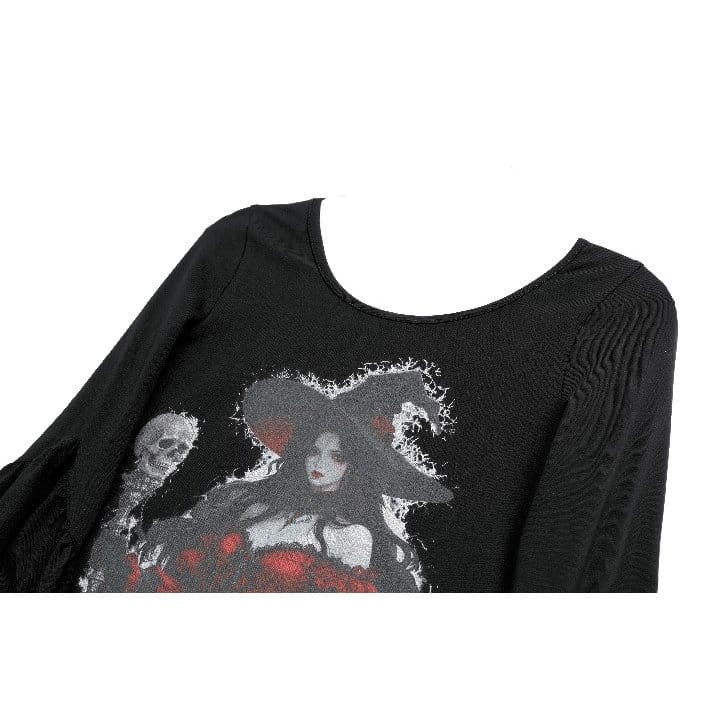 Darkinlove Women's Gothic Witch Print Irregular Hem Flare Sleeve Short Dress