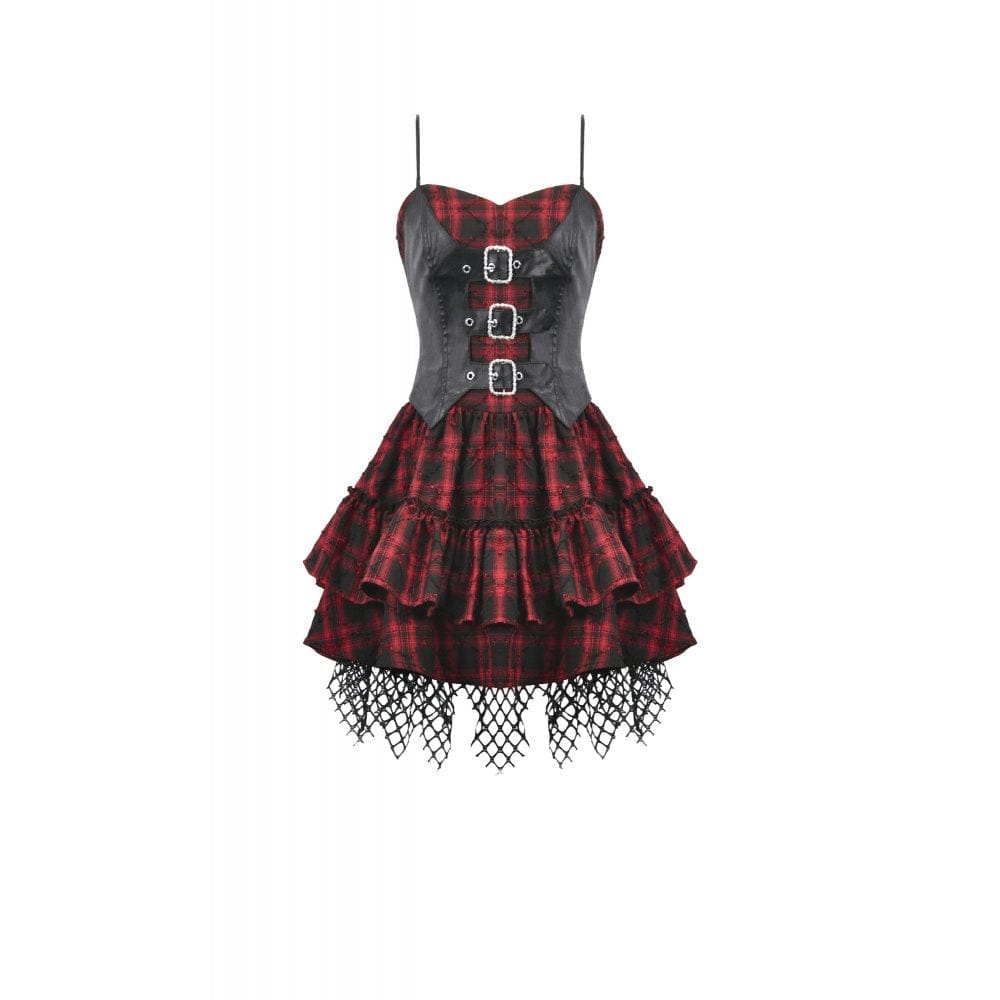 Darkinlove Women's Grunge Buckle-up Plaid Slip Dress