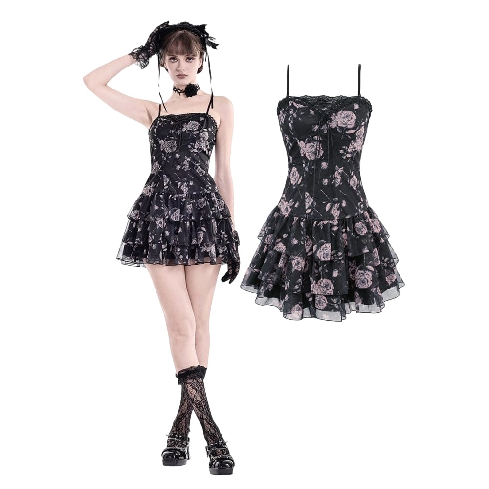 Darkinlove Women's Grunge Lace-up Rose Layered Ruffle Hem Slip Dress