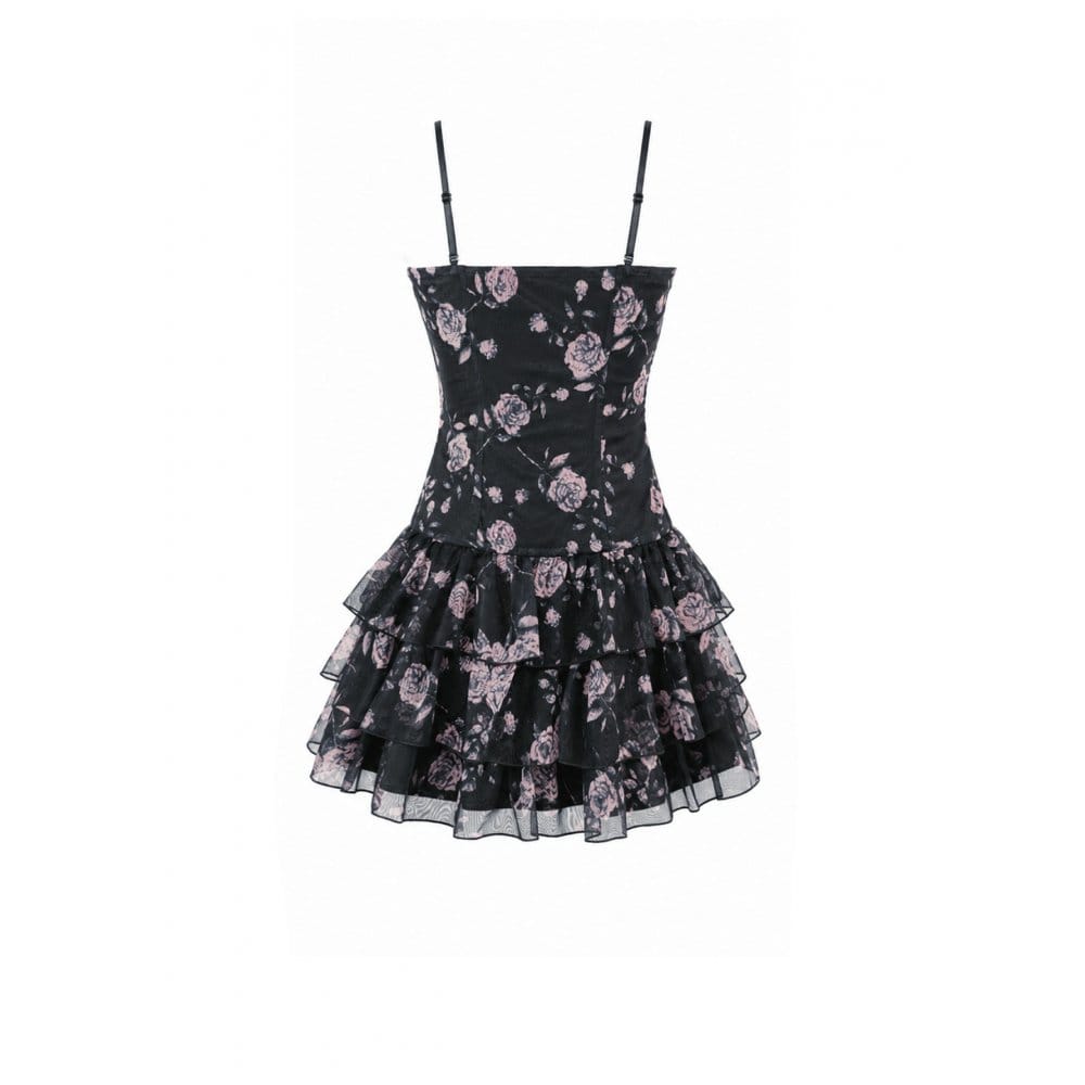 Darkinlove Women's Grunge Lace-up Rose Layered Ruffle Hem Slip Dress