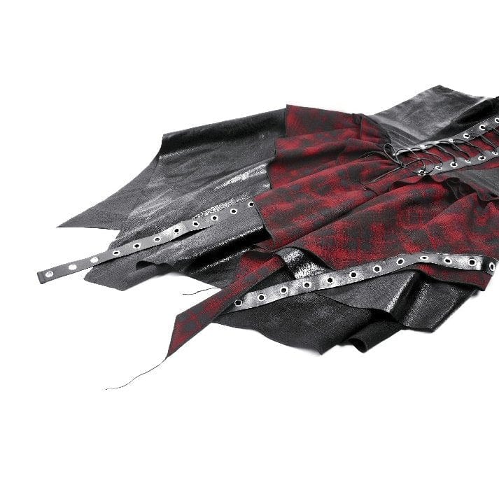 Darkinlove Women's Grunge Red Plaid Irregular Hem Faux Leather Slip Dress