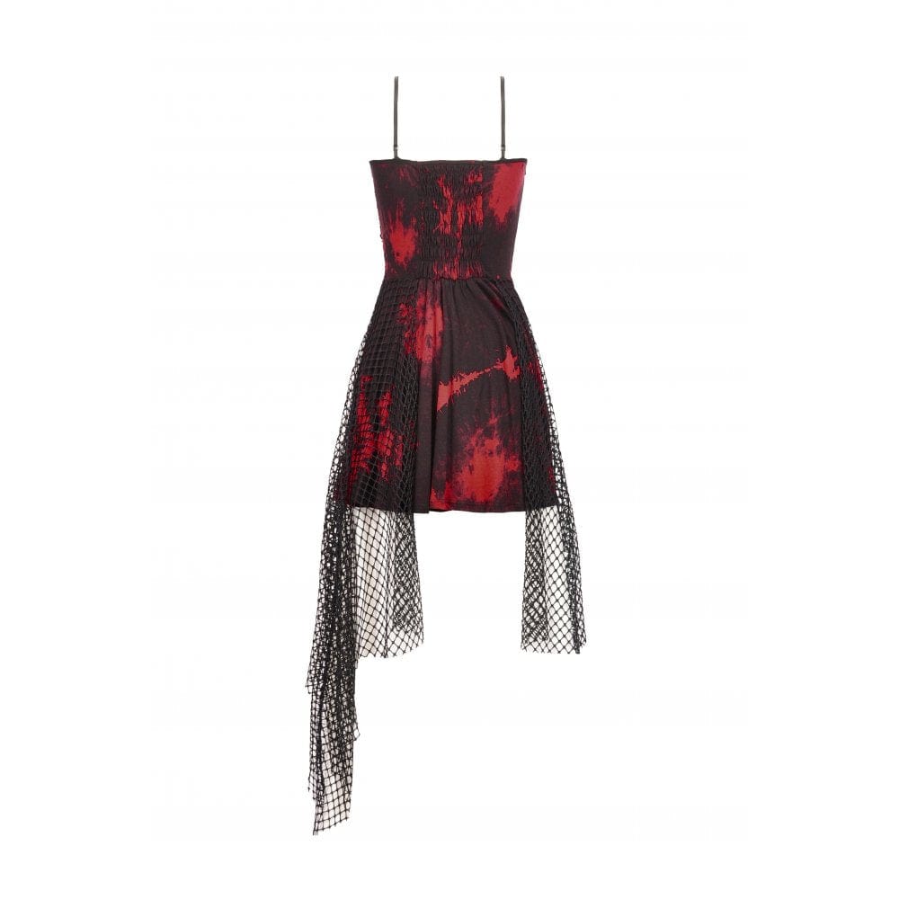 Darkinlove Women's Grunge Red Tie-dye Slip Dress with Mesh Hem
