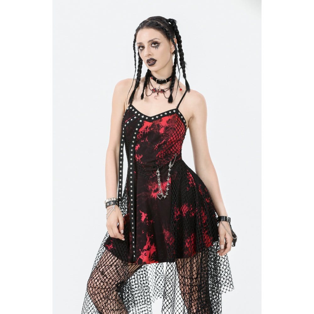 Darkinlove Women's Grunge Red Tie-dye Slip Dress with Mesh Hem