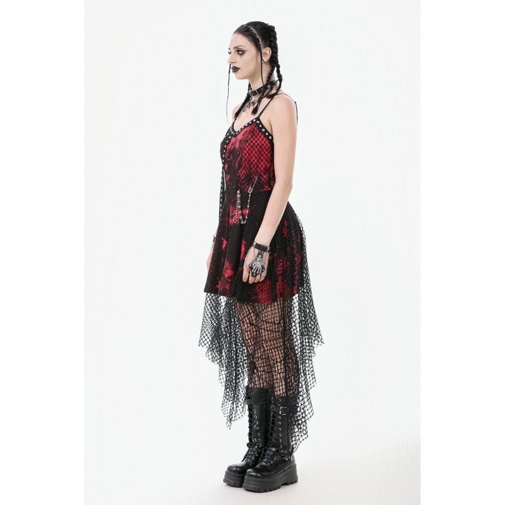 Darkinlove Women's Grunge Red Tie-dye Slip Dress with Mesh Hem