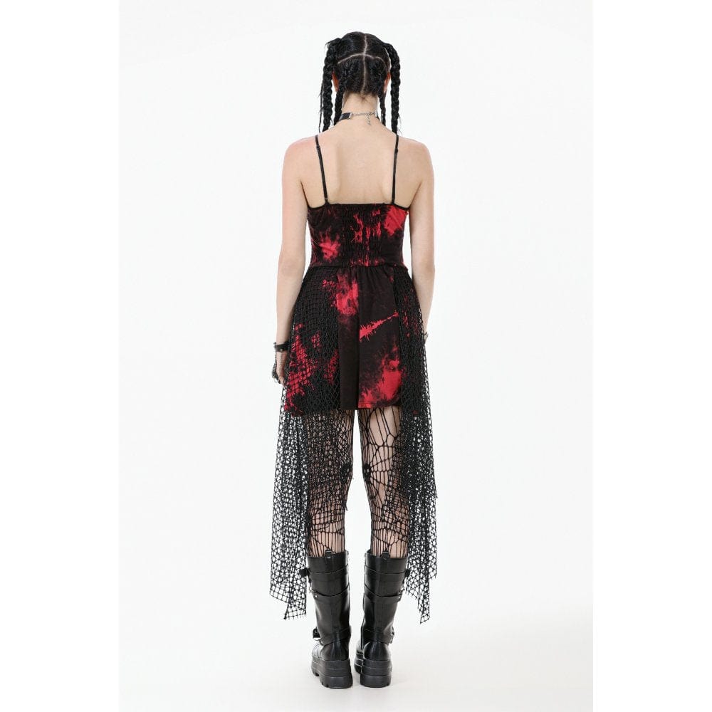 Darkinlove Women's Grunge Red Tie-dye Slip Dress with Mesh Hem