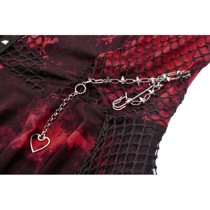 Darkinlove Women's Grunge Red Tie-dye Slip Dress with Mesh Hem