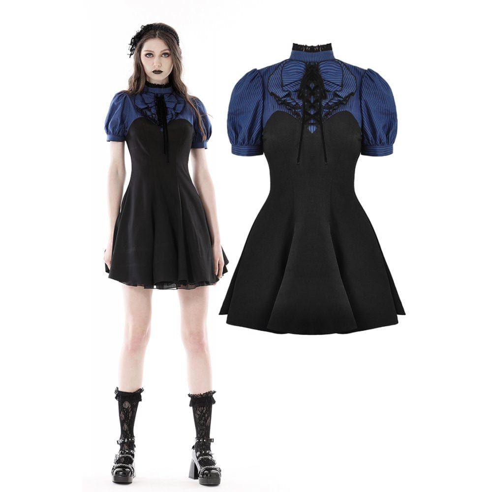 Darkinlove Women's Grunge Stand Collar Striped Splice Dress