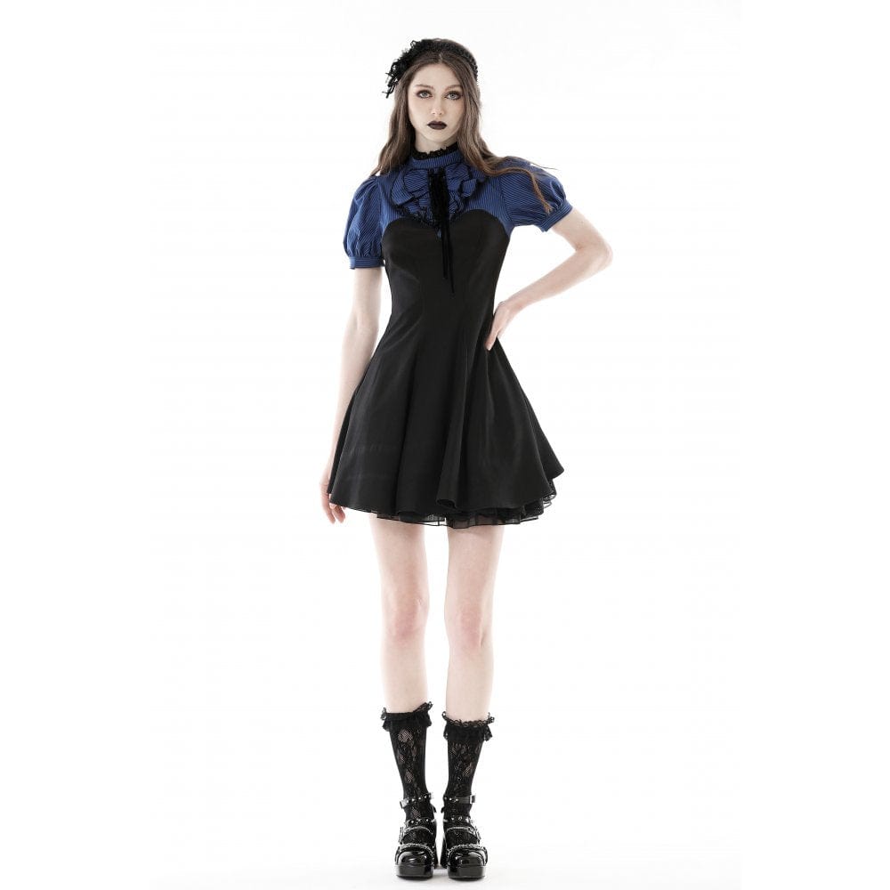 Darkinlove Women's Grunge Stand Collar Striped Splice Dress