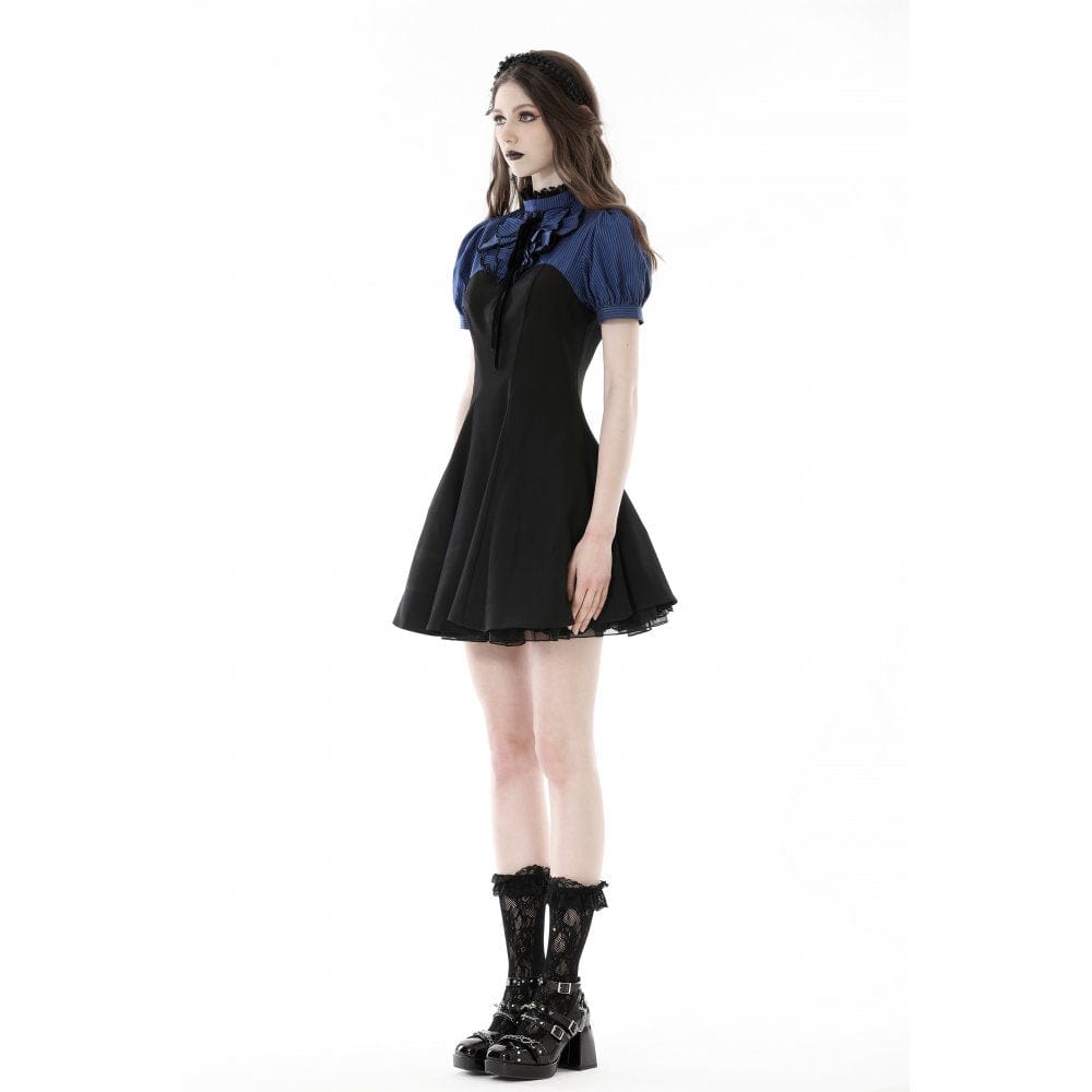 Darkinlove Women's Grunge Stand Collar Striped Splice Dress