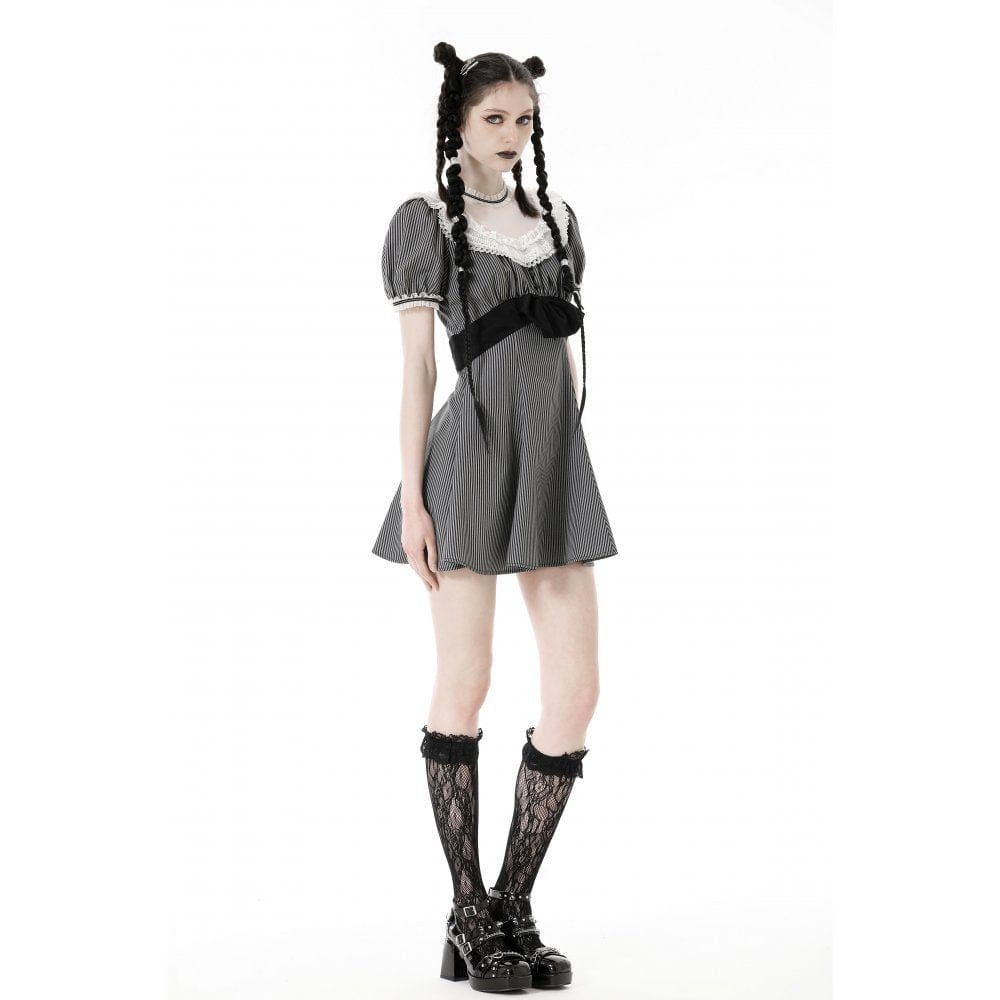 Darkinlove Women's Lolita Lace Collar Striped Dress