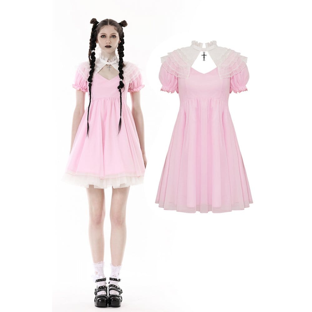 Darkinlove Women's Lolita Puff Sleeved Dress with Detachable Collar