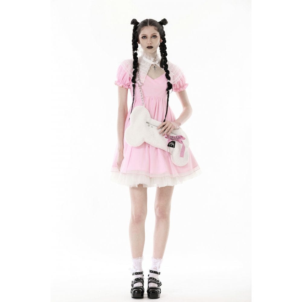 Darkinlove Women's Lolita Puff Sleeved Dress with Detachable Collar
